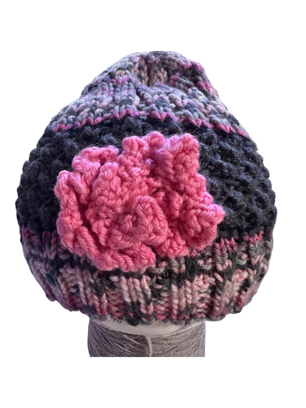 Handmade Crochet Knit Hat With Pink Flower Accent Multicolor Black & Pink Cozy W